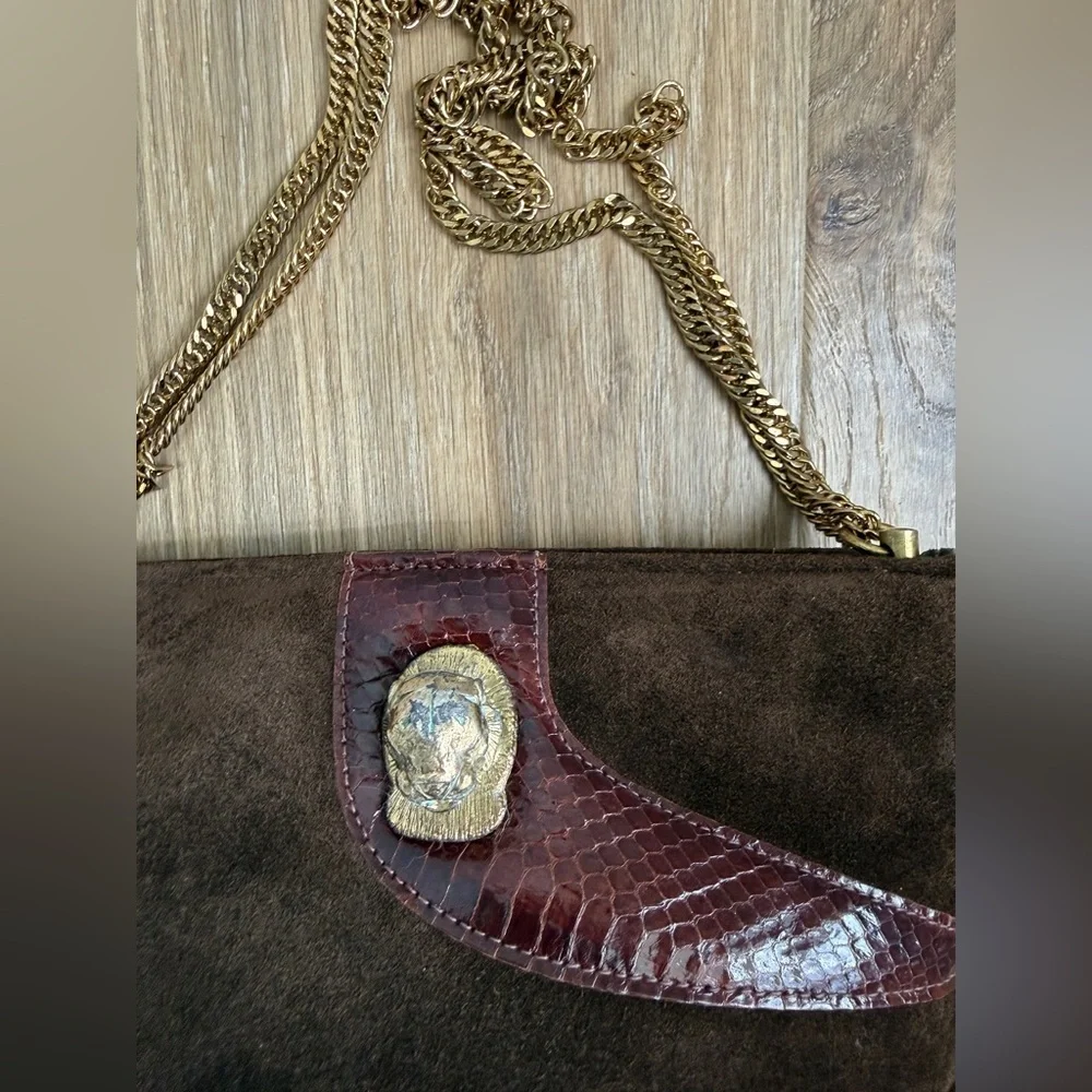 Ruth Saltz Vintage 80s Brown Suede & Snakeskin Cougar Head Shoulder Bag